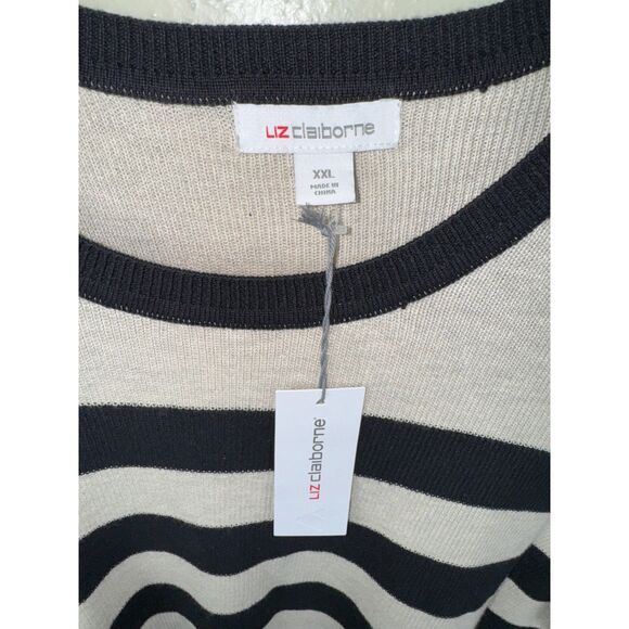 Liz Claiborne Striped Short Sleeve Knit Sweater XXL Beige Black Classic Work New - Picture 3 of 4